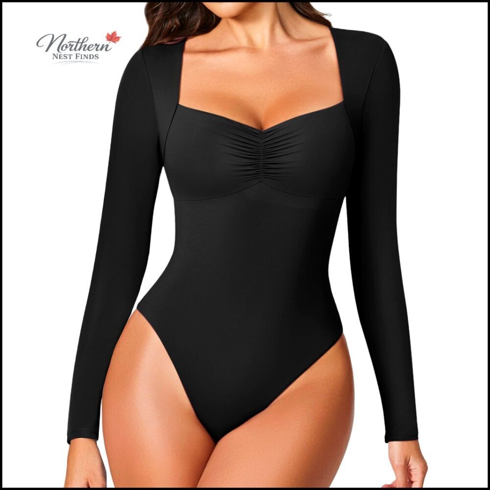 Long Sleeve Sweetheart Neckline Bodysuit, Ruching, Slim Fit Shapewear